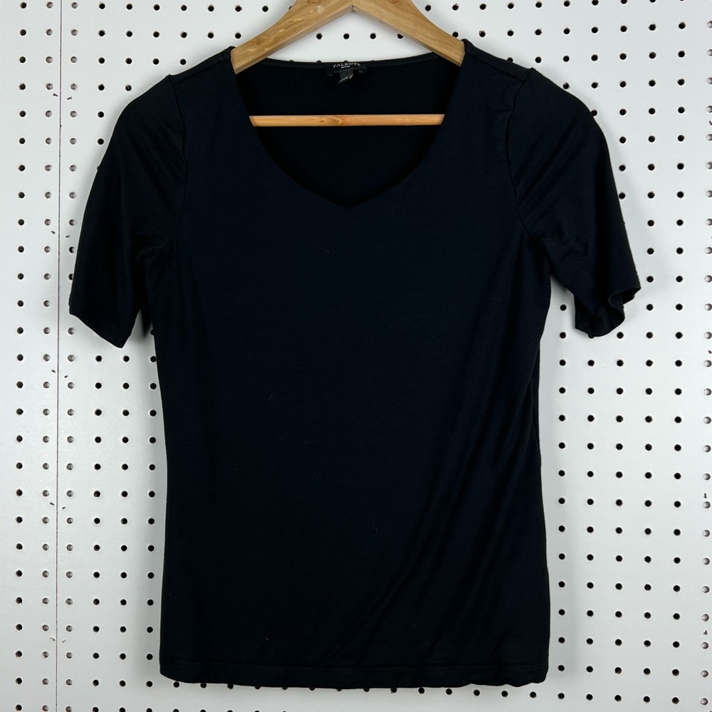 Talbots Women's Short Sleeve V-Neck Lined Shirt Size Petite Small PS Black